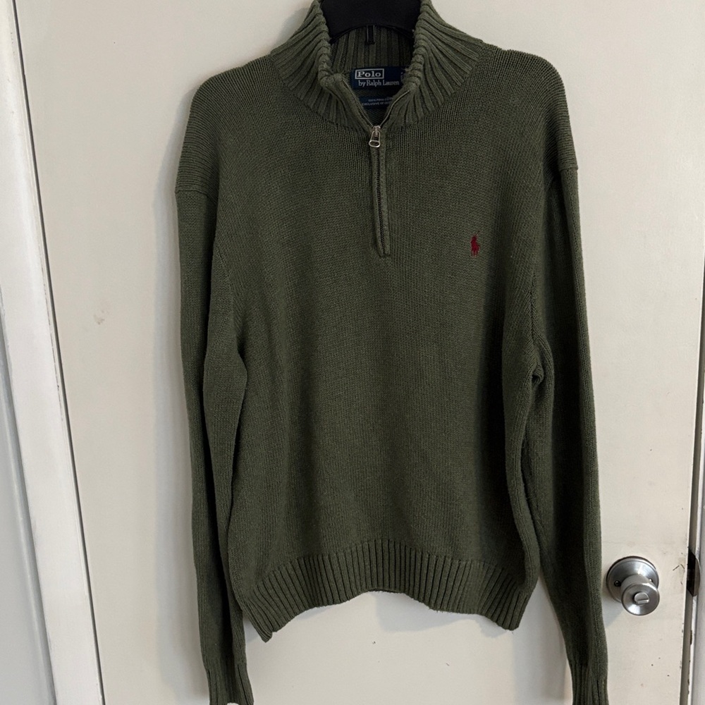 Polo by Ralph Lauren Olive Green Half-Zip Sweater with Red Polo Logo